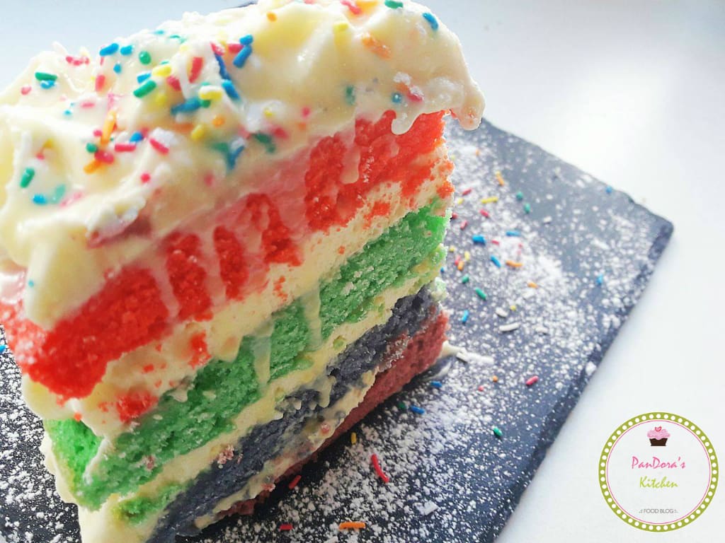 κέικ ουράνιο τόξο (rainbow cake). τούρτα, χρώμα, γενέθλια, πάρτυ, κέικ
